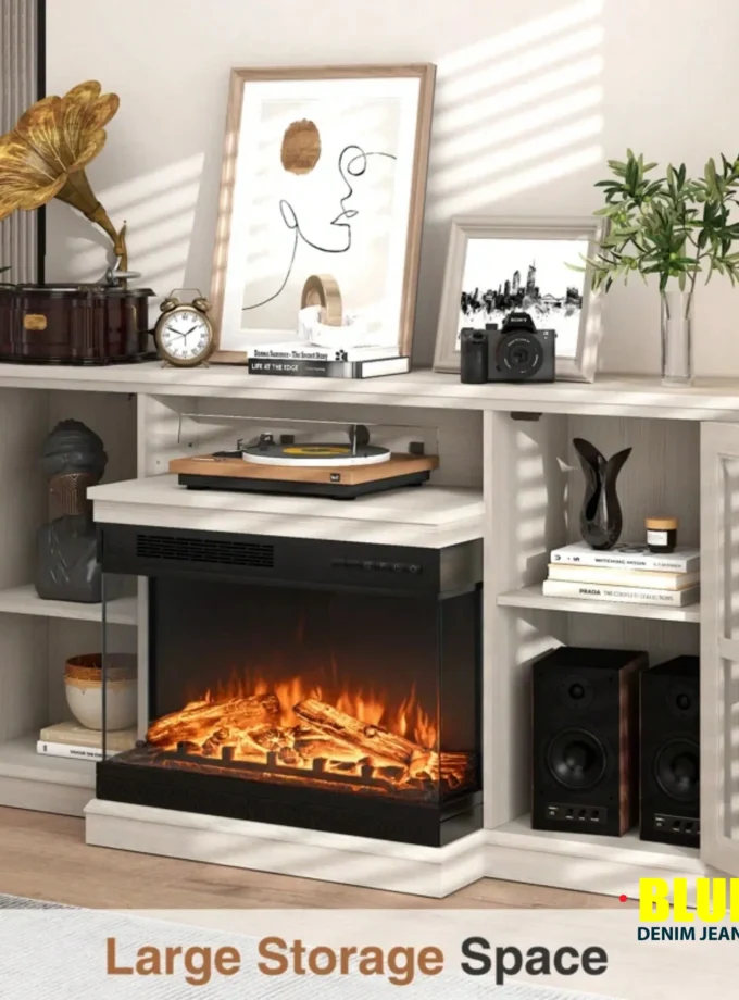 LocalFurniwell Fireplace TV Stand For TVs Up To 65"e; 3-Sided Glass Modern Media Entertainment Center With Cabniet Storage Adjustable Flame Color