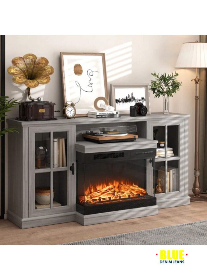 LocalFurniwell Fireplace TV Stand For TVs Up To 65"e; 3-Sided Glass Modern Media Entertainment Center With Cabniet Storage Adjustable Flame Color