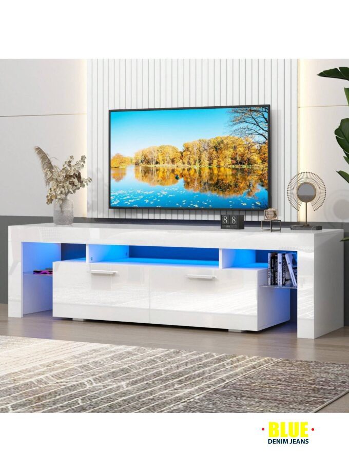 LocalTV Stand For TV Up To 70"e;, Living Room Entertainment Center With RGB LED Lights And Storage Shelves Furniture, White High Gloss TV Cabinet Console Table