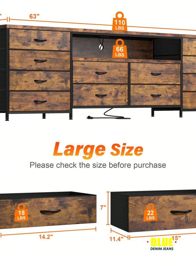 LocalEnHomee Fits 75"e; TV Stand Dresser For 65 70 75 Inch TV 63"e; W Dresser TV Stand For Bedroom With LED Lights & Power Outlets & 12 Drawers Dresser For Bedroom Long Fabric Dresser Entertainment Center, Room Decor, Home Decor