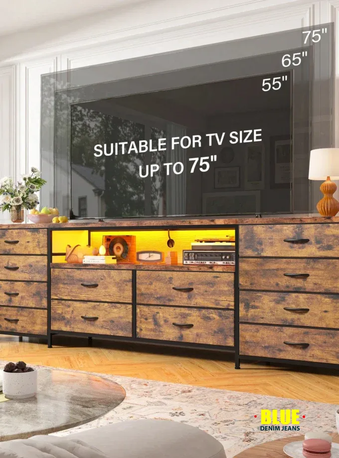 LocalEnHomee Fits 75"e; TV Stand Dresser For 65 70 75 Inch TV 63"e; W Dresser TV Stand For Bedroom With LED Lights & Power Outlets & 12 Drawers Dresser For Bedroom Long Fabric Dresser Entertainment Center, Room Decor, Home Decor
