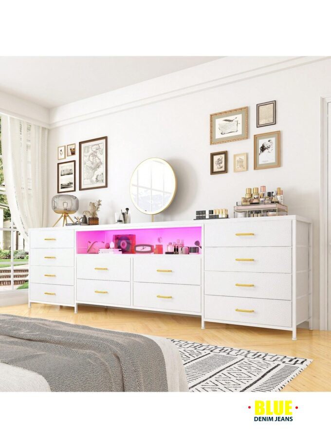 LocalEnHomee Fits 75"e; TV Stand Dresser For 65 70 75 Inch TV 63"e; W Dresser TV Stand For Bedroom With LED Lights & Power Outlets & 12 Drawers Dresser For Bedroom Long Fabric Dresser Entertainment Center, Room Decor, Home Decor