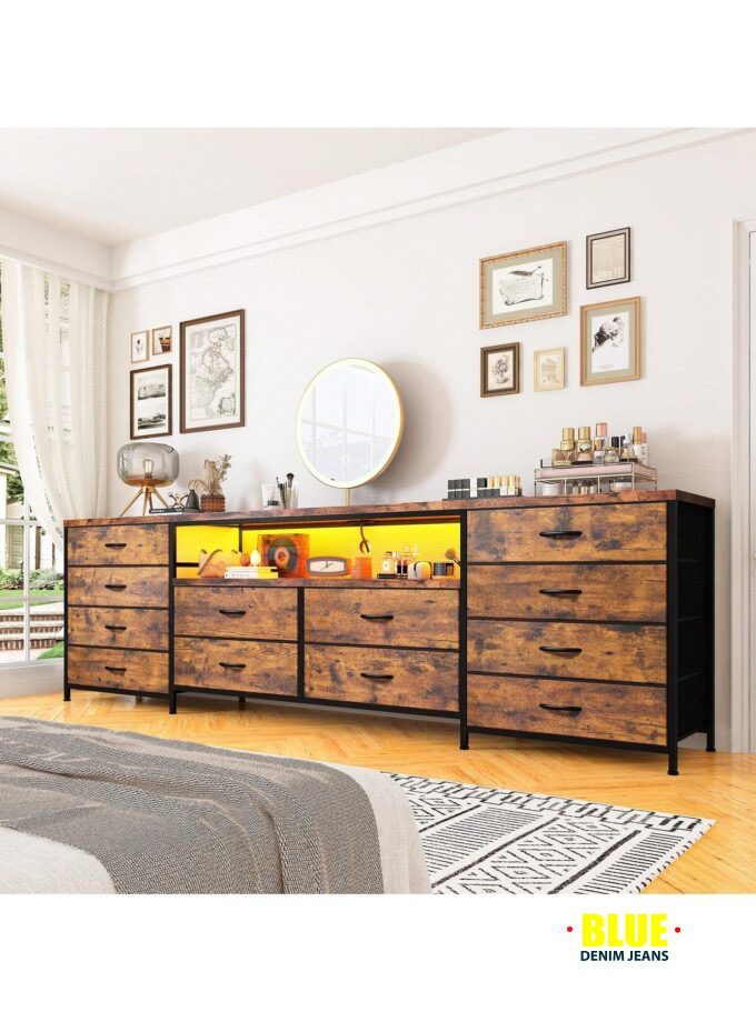 LocalEnHomee Fits 75"e; TV Stand Dresser For 65 70 75 Inch TV 63"e; W Dresser TV Stand For Bedroom With LED Lights & Power Outlets & 12 Drawers Dresser For Bedroom Long Fabric Dresser Entertainment Center, Room Decor, Home Decor