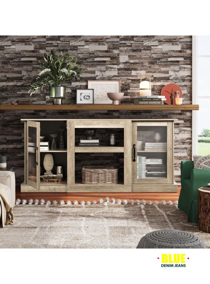 LocalTV Stand For 65-Inch TV, Retro TV Console Cabinet With Storage And Open Shelves, Entertainment Center For Living Room, Bedroom, White