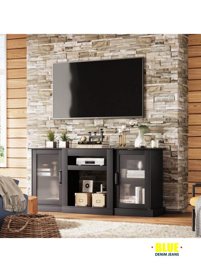 LocalTV Stand For 65-Inch TV, Retro TV Console Cabinet With Storage And Open Shelves, Entertainment Center For Living Room, Bedroom, White