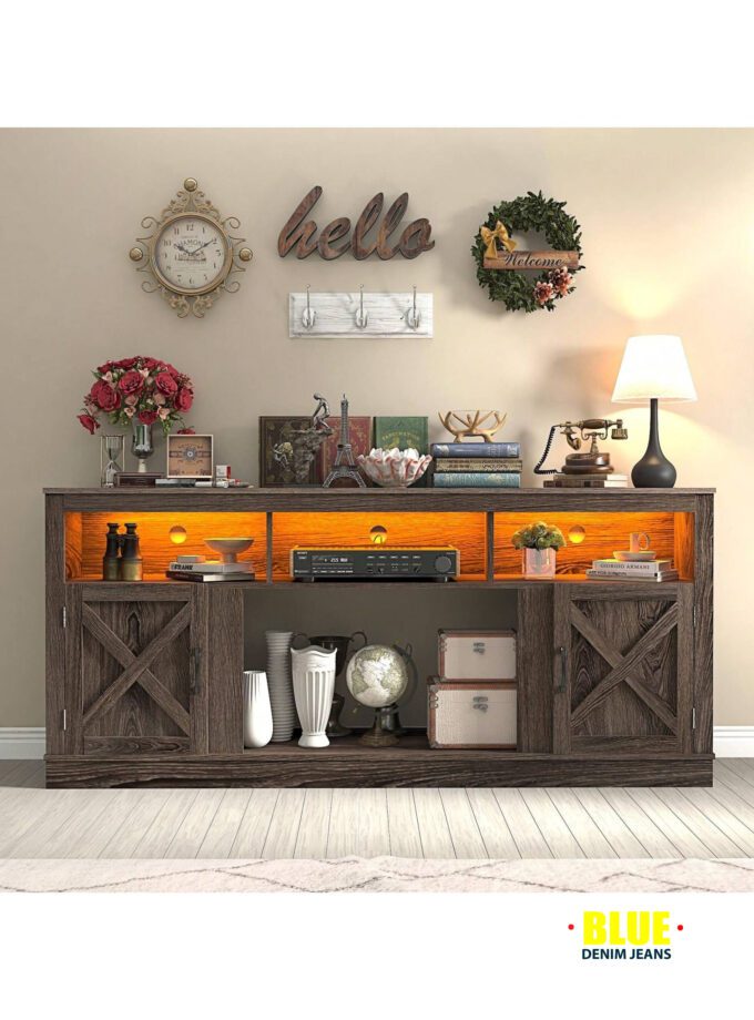 LocalFarmhouse TV Stand For 70/75/80 Inch TV, 32"e;Tall Entertainment Center W/USB Charger LED Light, Large Media Console Cabinet W/Barn Doors Adjustable Shelves For Living Room