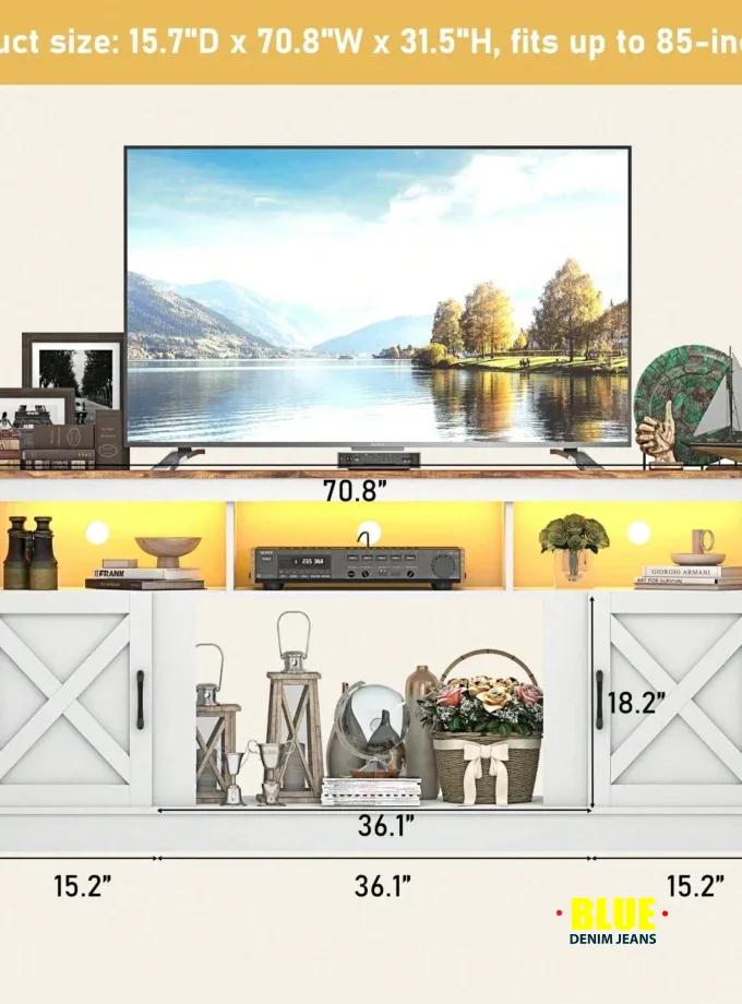 LocalFarmhouse TV Stand For 70/75/80 Inch TV, 32"e;Tall Entertainment Center W/USB Charger LED Light, Large Media Console Cabinet W/Barn Doors Adjustable Shelves For Living Room