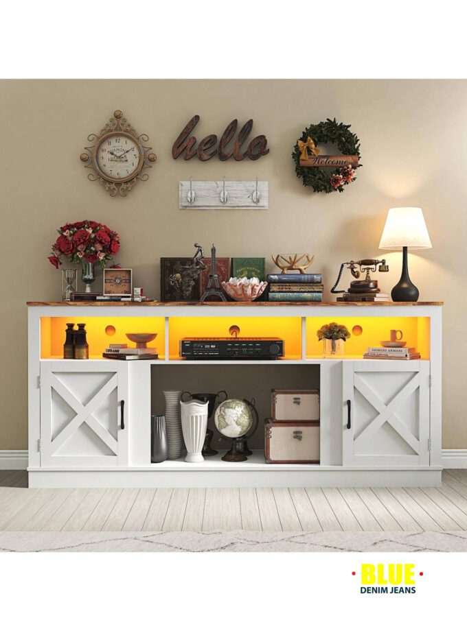 LocalFarmhouse TV Stand For 70/75/80 Inch TV, 32"e;Tall Entertainment Center W/USB Charger LED Light, Large Media Console Cabinet W/Barn Doors Adjustable Shelves For Living Room