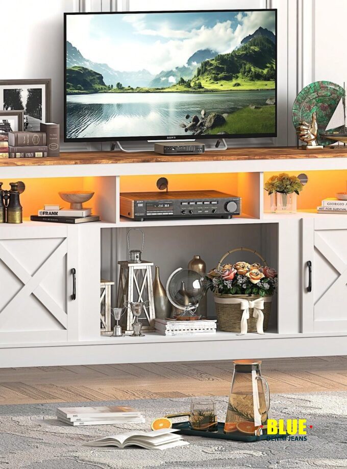 LocalFarmhouse TV Stand For 70/75/80 Inch TV, 32"e;Tall Entertainment Center W/USB Charger LED Light, Large Media Console Cabinet W/Barn Doors Adjustable Shelves For Living Room