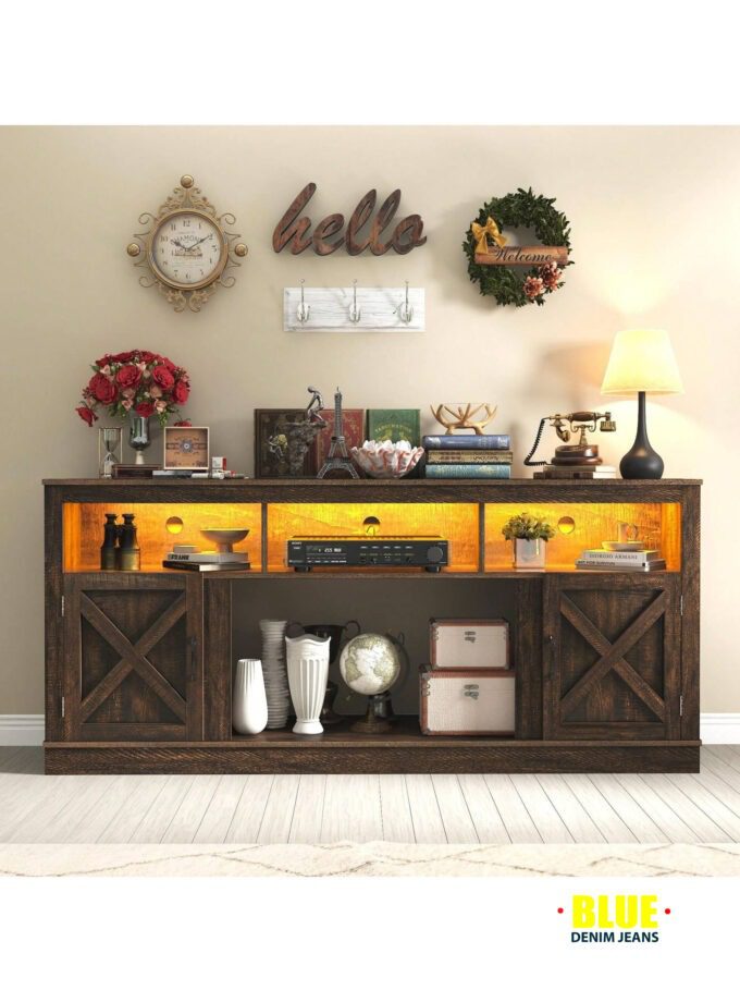 LocalFarmhouse TV Stand For 70/75/80 Inch TV, 32"e;Tall Entertainment Center W/USB Charger LED Light, Large Media Console Cabinet W/Barn Doors Adjustable Shelves For Living Room