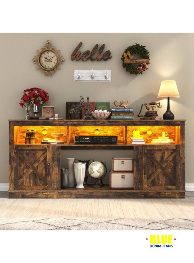 LocalFarmhouse TV Stand For 70/75/80 Inch TV, 32"e;Tall Entertainment Center W/USB Charger LED Light, Large Media Console Cabinet W/Barn Doors Adjustable Shelves For Living Room