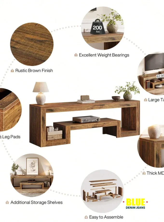 LocalTribesigns 63-Inch TV Stand For 55/60/65-Inch TVs, Farmhouse Entertainment Center With Open Storage Shelves, Rustic Brown Television Console For Living Room, Bedroom