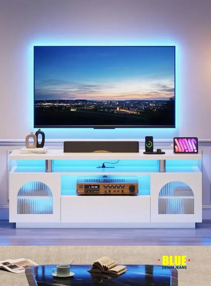 LocalTV Stand For 65 Inch TV, Modern LED TV Stands For Living Room, Power Outlet & LED Lights White Entertainment Center With Storage Cabinet And Large Drawer, TV Console For Living Room, Bedroom