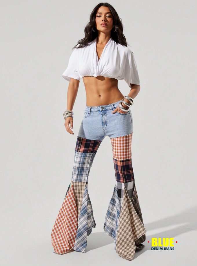 Denimoi Women's Patchwork Plaid Insert Pocket Flared Jeans
