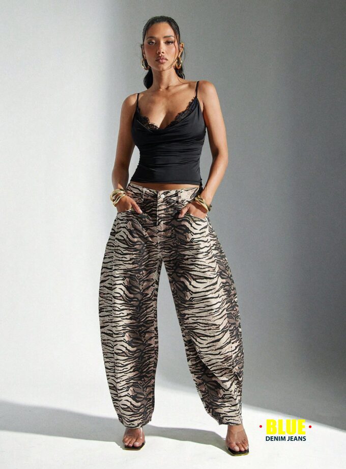 LocalDenimoi Women's Casual Distressed Animal Print Bell-Bottom Jeans