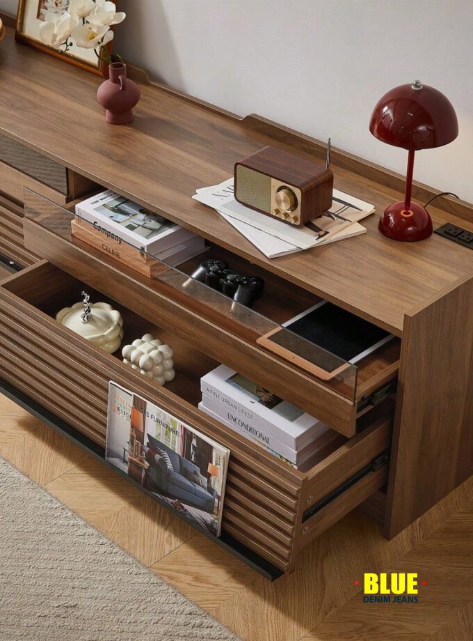 LocalMERAX Mirod Modern TV Stand With Ample Storage,4 Drawer Design With Tempered Glass ,Built-In Charging Ports And Ambient LED Lighting ,Versatile For Any Decor Style,Walnut