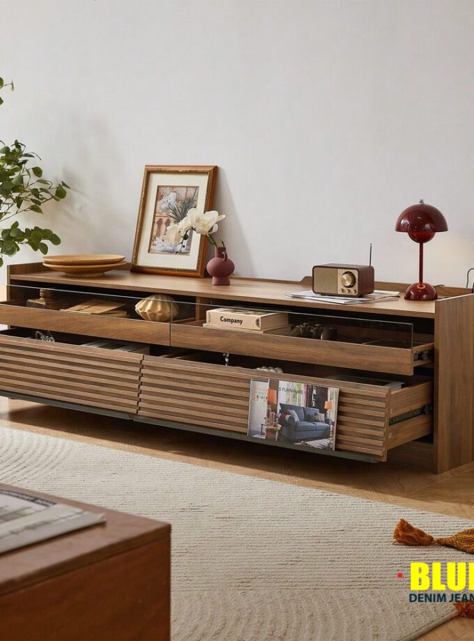 LocalMERAX Mirod Modern TV Stand With Ample Storage,4 Drawer Design With Tempered Glass ,Built-In Charging Ports And Ambient LED Lighting ,Versatile For Any Decor Style,Walnut