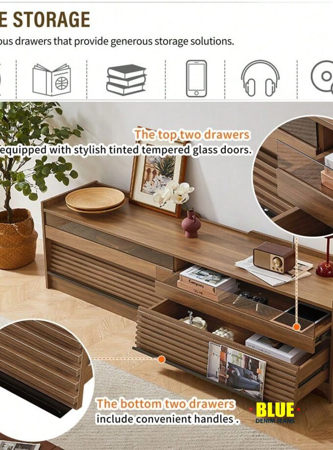 LocalMERAX Mirod Modern TV Stand With Ample Storage,4 Drawer Design With Tempered Glass ,Built-In Charging Ports And Ambient LED Lighting ,Versatile For Any Decor Style,Walnut