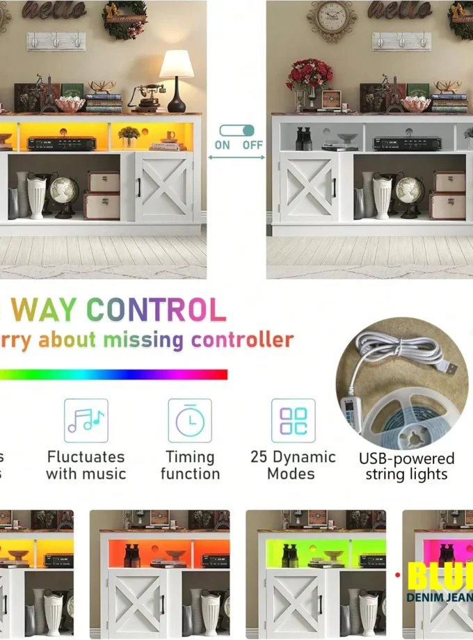 LocalFarmhouse TV Stand For 70/75/80 Inch TV, 32"e;Tall Entertainment Center W/USB Charger LED Light, Large Media Console Cabinet W/Barn Doors Adjustable Shelves For Living Room