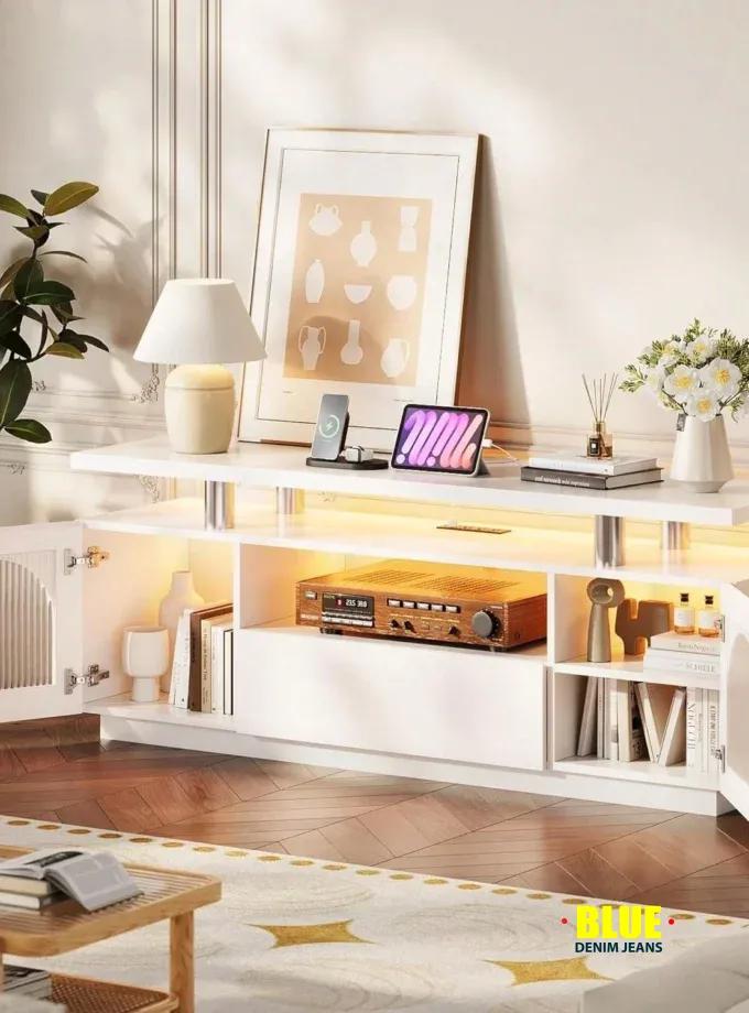 LocalTV Stand For 65 Inch TV, Modern LED TV Stands For Living Room, Power Outlet & LED Lights White Entertainment Center With Storage Cabinet And Large Drawer, TV Console For Living Room, Bedroom