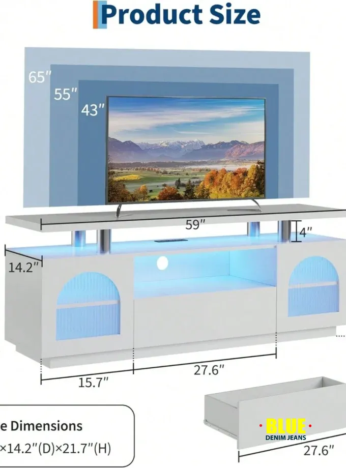 LocalTV Stand For 65 Inch TV, Modern LED TV Stands For Living Room, Power Outlet & LED Lights White Entertainment Center With Storage Cabinet And Large Drawer, TV Console For Living Room, Bedroom
