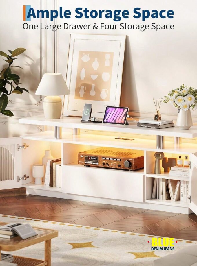 LocalTV Stand For 65 Inch TV, Modern LED TV Stands For Living Room, Power Outlet & LED Lights White Entertainment Center With Storage Cabinet And Large Drawer, TV Console For Living Room, Bedroom
