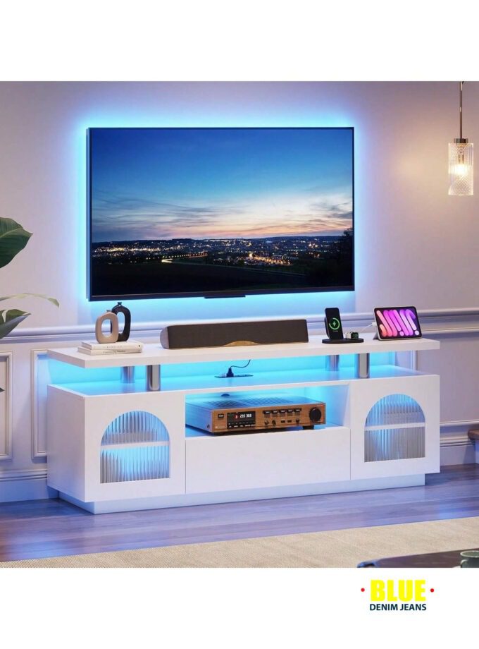 LocalTV Stand For 65 Inch TV, Modern LED TV Stands For Living Room, Power Outlet & LED Lights White Entertainment Center With Storage Cabinet And Large Drawer, TV Console For Living Room, Bedroom