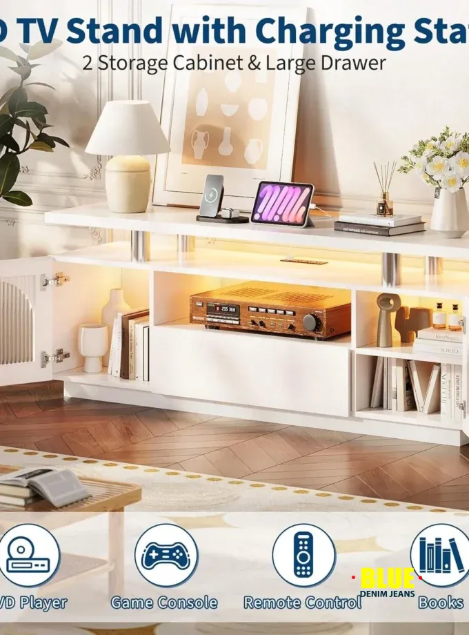 LocalTV Stand For 65 Inch TV, Modern LED TV Stands For Living Room, Power Outlet & LED Lights White Entertainment Center With Storage Cabinet And Large Drawer, TV Console For Living Room, Bedroom