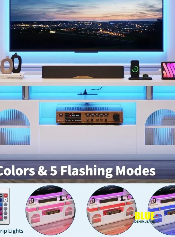 LocalTV Stand For 65 Inch TV, Modern LED TV Stands For Living Room, Power Outlet & LED Lights White Entertainment Center With Storage Cabinet And Large Drawer, TV Console For Living Room, Bedroom