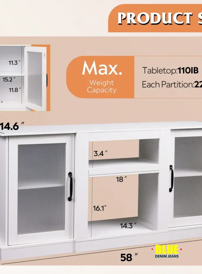 LocalTV Stand For 65-Inch TV, Retro TV Console Cabinet With Storage And Open Shelves, Entertainment Center For Living Room, Bedroom, White