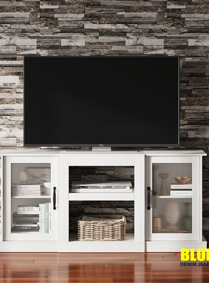 LocalTV Stand For 65-Inch TV, Retro TV Console Cabinet With Storage And Open Shelves, Entertainment Center For Living Room, Bedroom, White