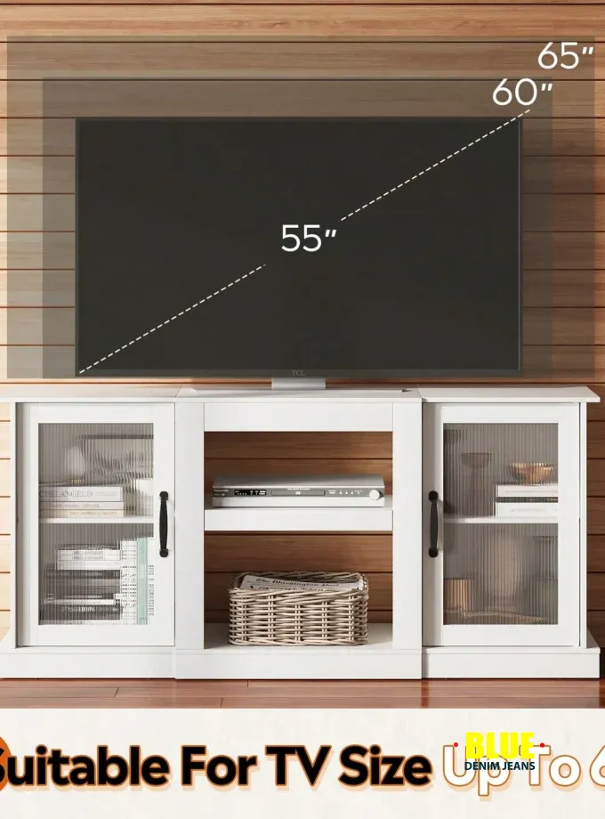 LocalTV Stand For 65-Inch TV, Retro TV Console Cabinet With Storage And Open Shelves, Entertainment Center For Living Room, Bedroom, White