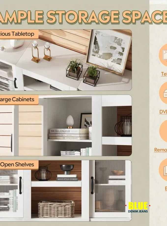 LocalTV Stand For 65-Inch TV, Retro TV Console Cabinet With Storage And Open Shelves, Entertainment Center For Living Room, Bedroom, White