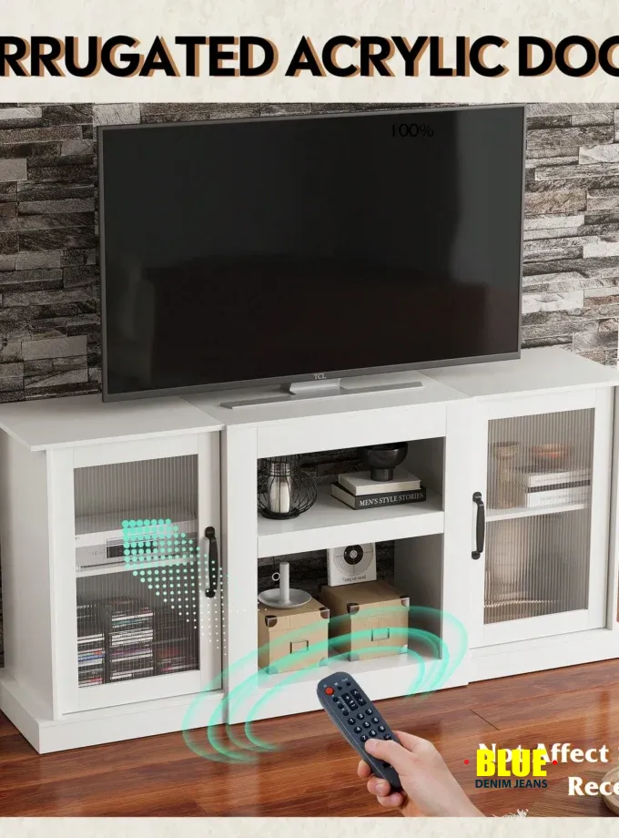 LocalTV Stand For 65-Inch TV, Retro TV Console Cabinet With Storage And Open Shelves, Entertainment Center For Living Room, Bedroom, White