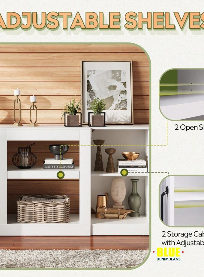 LocalTV Stand For 65-Inch TV, Retro TV Console Cabinet With Storage And Open Shelves, Entertainment Center For Living Room, Bedroom, White