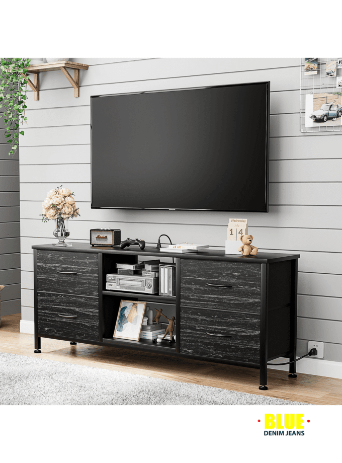 LocalGIKPAL Dresser TV Stand For 50'' TV, Fabric Dresser With 4 Drawers And Power Outlet, Modern Entertainment Center With Open Shelves For Living Room, Brown