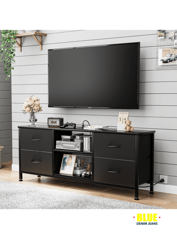 LocalGIKPAL Dresser TV Stand For 50'' TV, Fabric Dresser With 4 Drawers And Power Outlet, Modern Entertainment Center With Open Shelves For Living Room, Brown