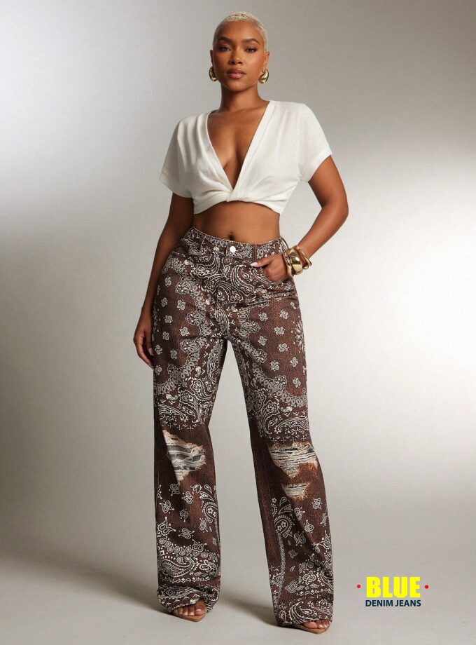 LocalDenimoi Vintage Wash All Over Paisley Print Straight Leg Denim Jeans