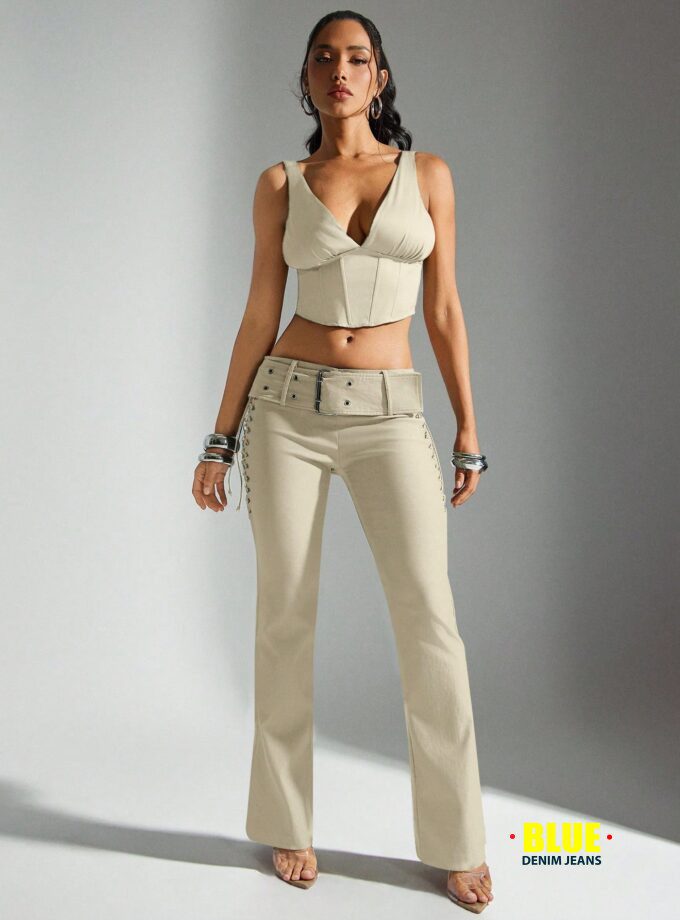 Denimoi Belted Fit & Flare Lace Up Side Mid Rise Pant