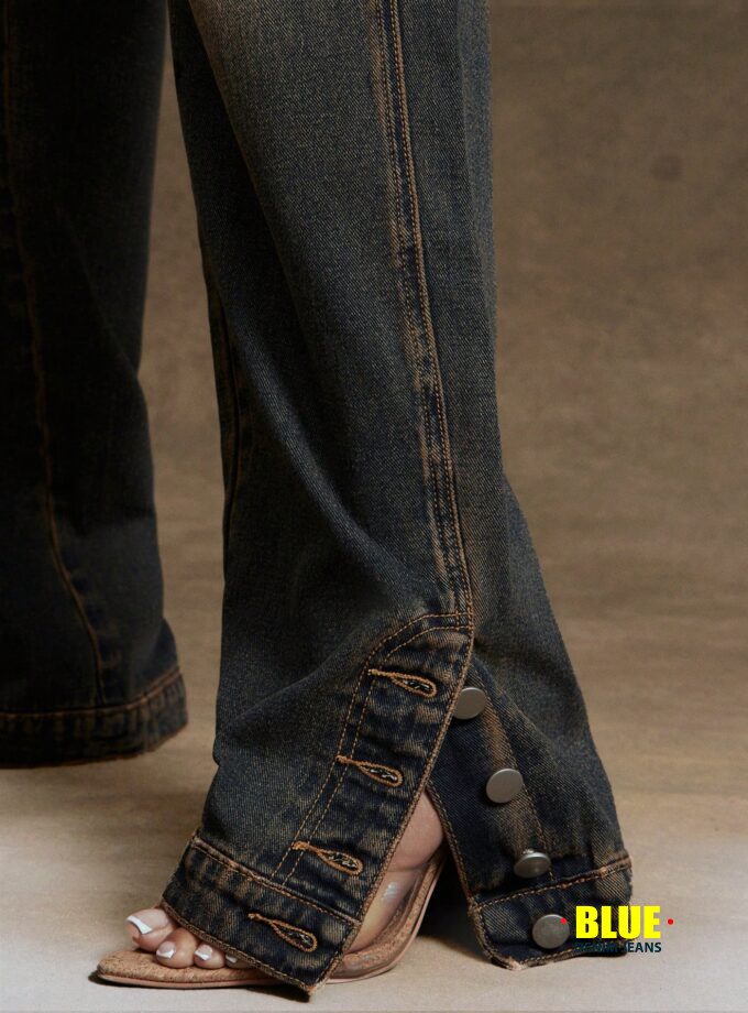 Denimoi Straight Leg Ankle Slit Button Detail Denim Jeans