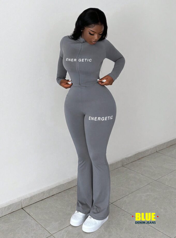 Slaydiva 2pcs Casual Basic High-Stretch Fitted Long Sleeve Zip-Up Letter Print Shirt & Pants Set For Women