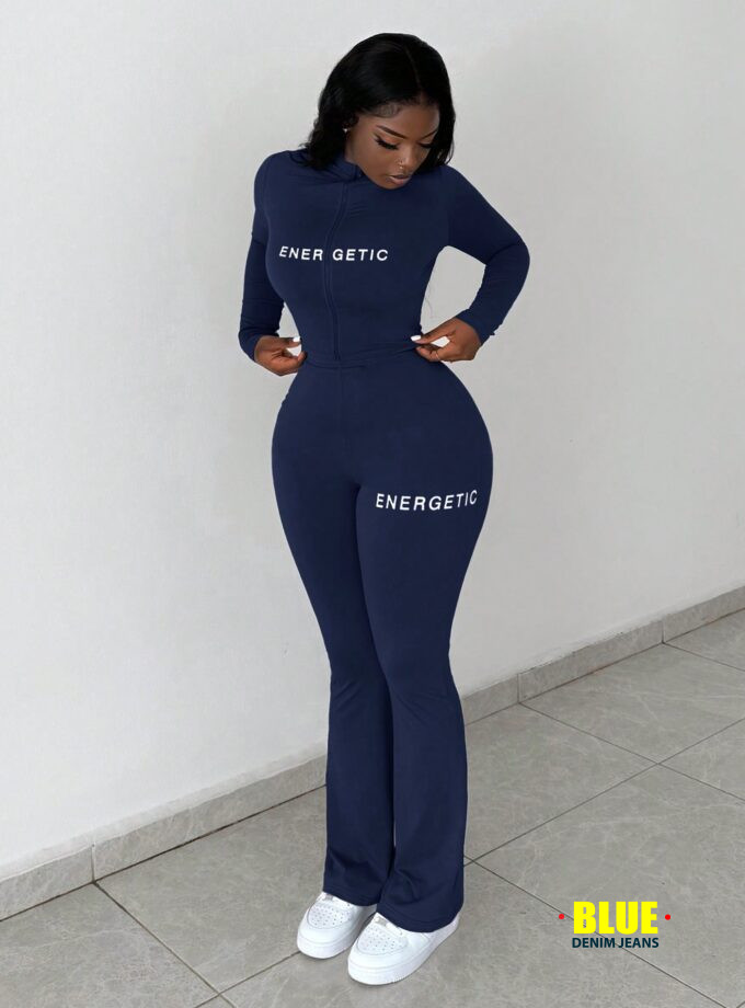 Slaydiva 2pcs Casual Basic High-Stretch Fitted Long Sleeve Zip-Up Letter Print Shirt & Pants Set For Women