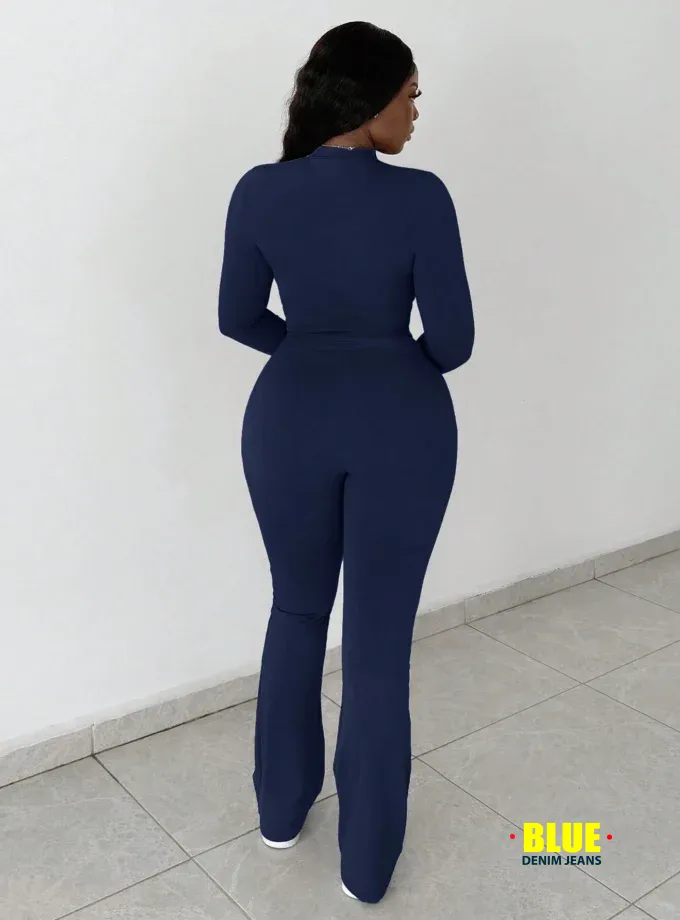 Slaydiva 2pcs Casual Basic High-Stretch Fitted Long Sleeve Zip-Up Letter Print Shirt & Pants Set For Women