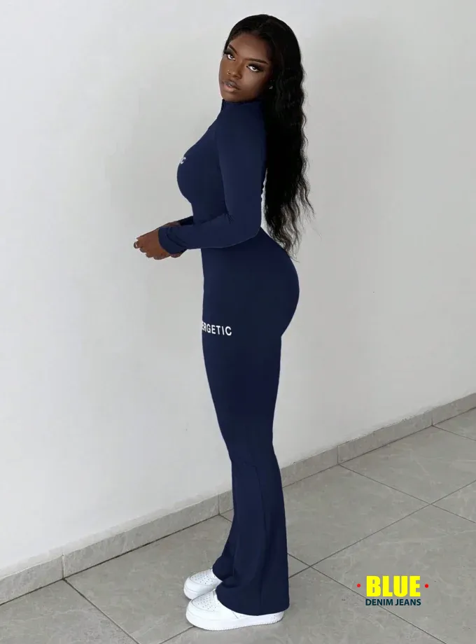 Slaydiva 2pcs Casual Basic High-Stretch Fitted Long Sleeve Zip-Up Letter Print Shirt & Pants Set For Women