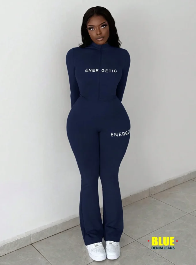 Slaydiva 2pcs Casual Basic High-Stretch Fitted Long Sleeve Zip-Up Letter Print Shirt & Pants Set For Women