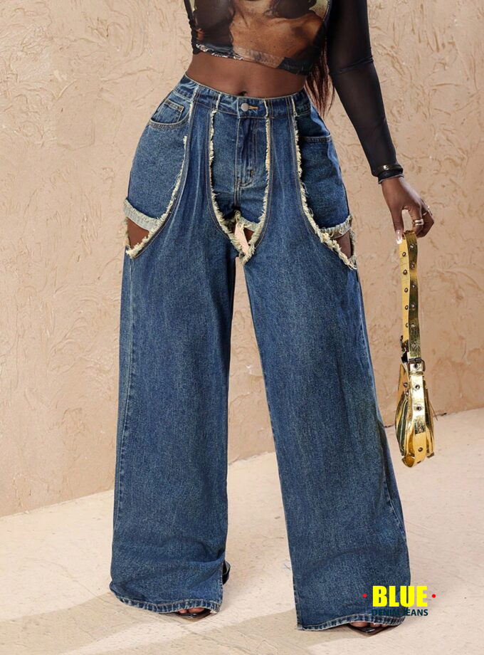 Slaydiva Women Fashion Patchwork Fringe Cutout Wide Leg Loose Casual Jeans Pants