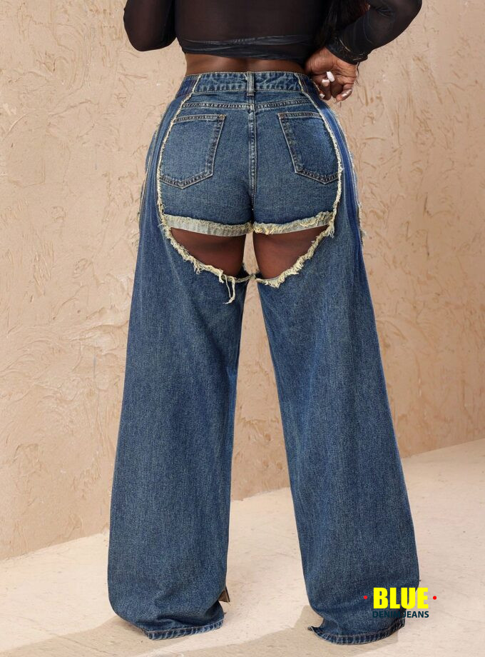 Slaydiva Women Fashion Patchwork Fringe Cutout Wide Leg Loose Casual Jeans Pants