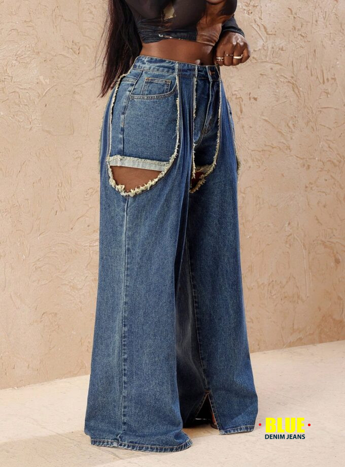 Slaydiva Women Fashion Patchwork Fringe Cutout Wide Leg Loose Casual Jeans Pants