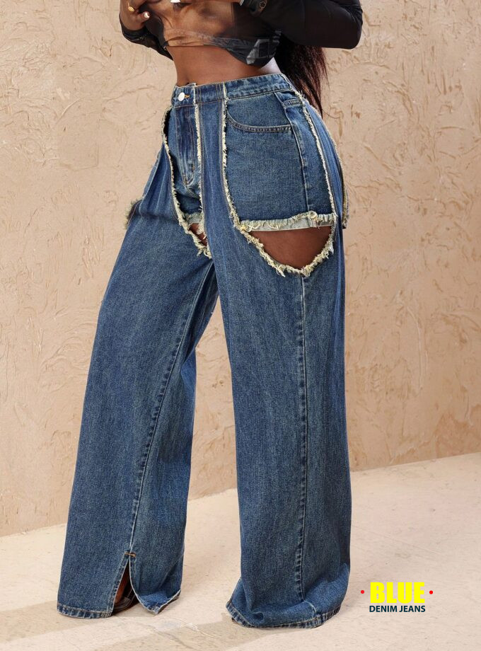 Slaydiva Women Fashion Patchwork Fringe Cutout Wide Leg Loose Casual Jeans Pants