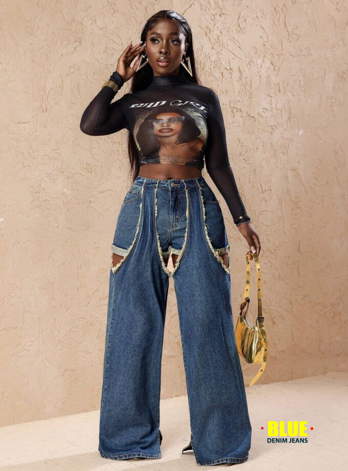 Slaydiva Women Fashion Patchwork Fringe Cutout Wide Leg Loose Casual Jeans Pants